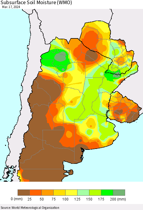 Southern South America Subsurface Soil Moisture (WMO) Thematic Map For 3/11/2024 - 3/17/2024