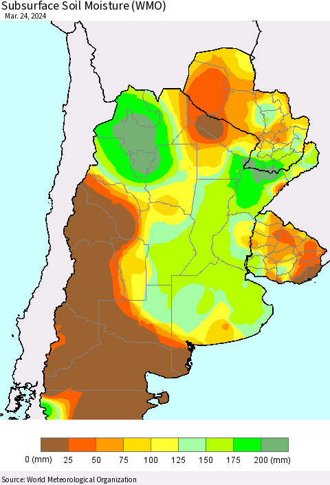 Southern South America Subsurface Soil Moisture (WMO) Thematic Map For 3/18/2024 - 3/24/2024