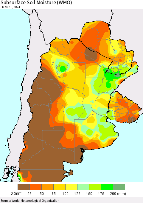 Southern South America Subsurface Soil Moisture (WMO) Thematic Map For 3/25/2024 - 3/31/2024