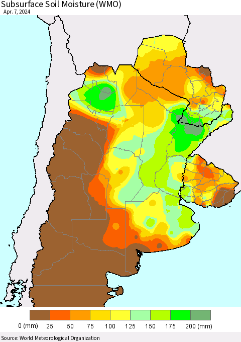 Southern South America Subsurface Soil Moisture (WMO) Thematic Map For 4/1/2024 - 4/7/2024