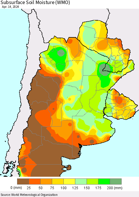 Southern South America Subsurface Soil Moisture (WMO) Thematic Map For 4/8/2024 - 4/14/2024