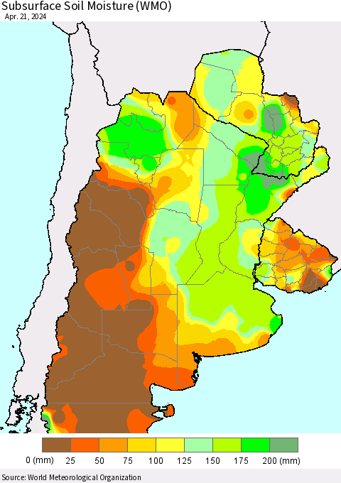 Southern South America Subsurface Soil Moisture (WMO) Thematic Map For 4/15/2024 - 4/21/2024