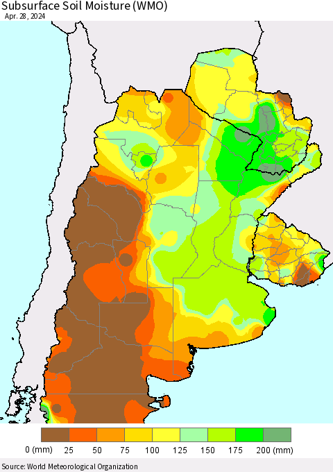 Southern South America Subsurface Soil Moisture (WMO) Thematic Map For 4/22/2024 - 4/28/2024