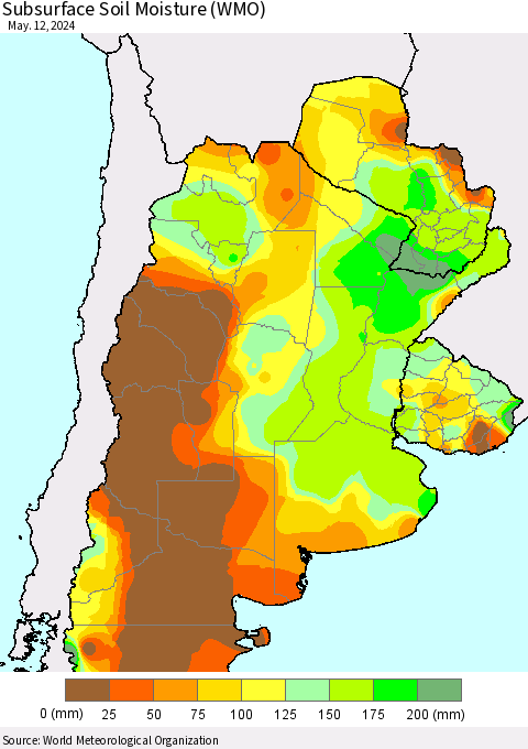 Southern South America Subsurface Soil Moisture (WMO) Thematic Map For 5/6/2024 - 5/12/2024