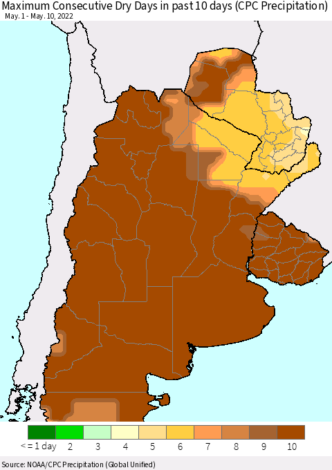 Southern South America Maximum Consecutive Dry Days in past 10 days (CPC Precipitation) Thematic Map For 5/6/2022 - 5/10/2022