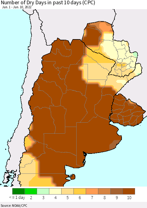 Southern South America Maximum Consecutive Dry Days in past 10 days (CPC Precipitation) Thematic Map For 6/6/2022 - 6/10/2022