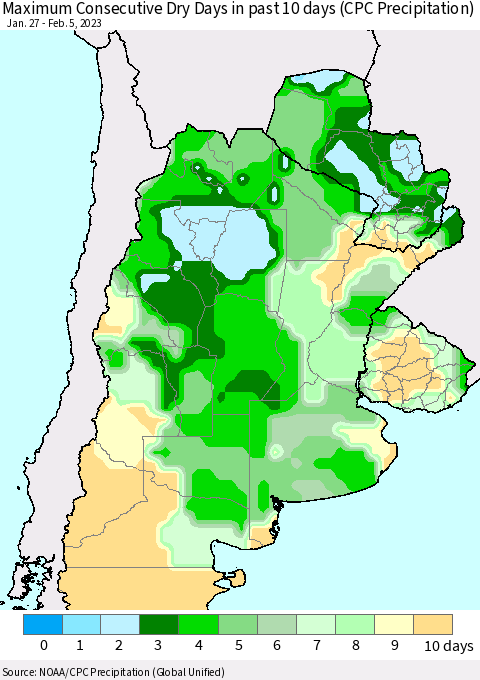 Southern South America Maximum Consecutive Dry Days in past 10 days (CPC Precipitation) Thematic Map For 2/1/2023 - 2/5/2023