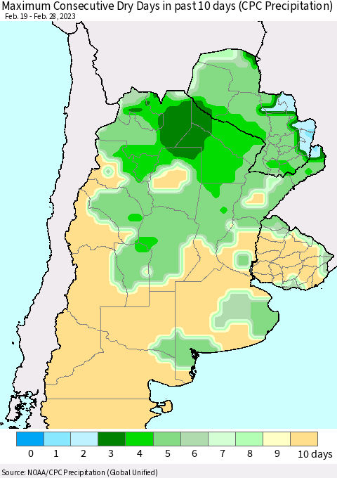 Southern South America Maximum Consecutive Dry Days in past 10 days (CPC Precipitation) Thematic Map For 2/26/2023 - 2/28/2023