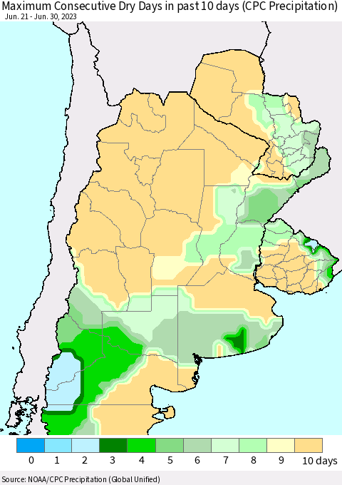 Southern South America Maximum Consecutive Dry Days in past 10 days (CPC Precipitation) Thematic Map For 6/26/2023 - 6/30/2023