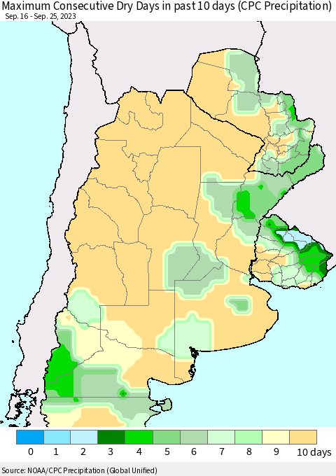 Southern South America Maximum Consecutive Dry Days in past 10 days (CPC Precipitation) Thematic Map For 9/21/2023 - 9/25/2023