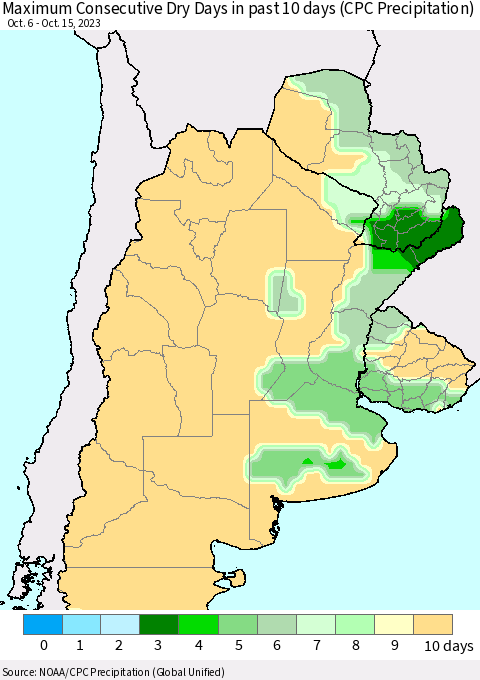 Southern South America Maximum Consecutive Dry Days in past 10 days (CPC Precipitation) Thematic Map For 10/11/2023 - 10/15/2023