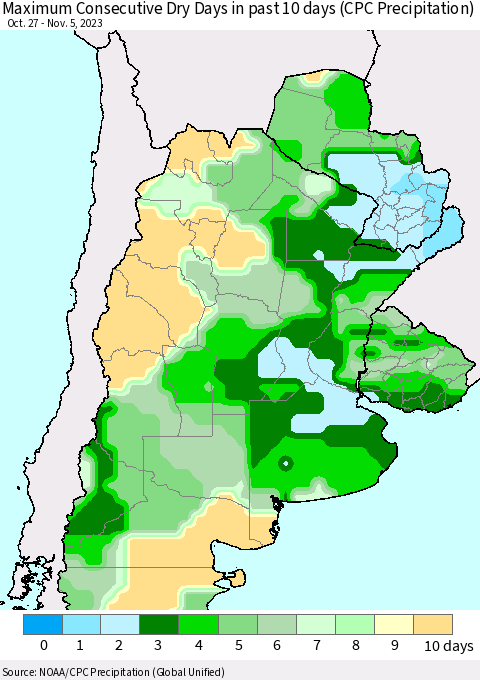 Southern South America Maximum Consecutive Dry Days in past 10 days (CPC Precipitation) Thematic Map For 11/1/2023 - 11/5/2023