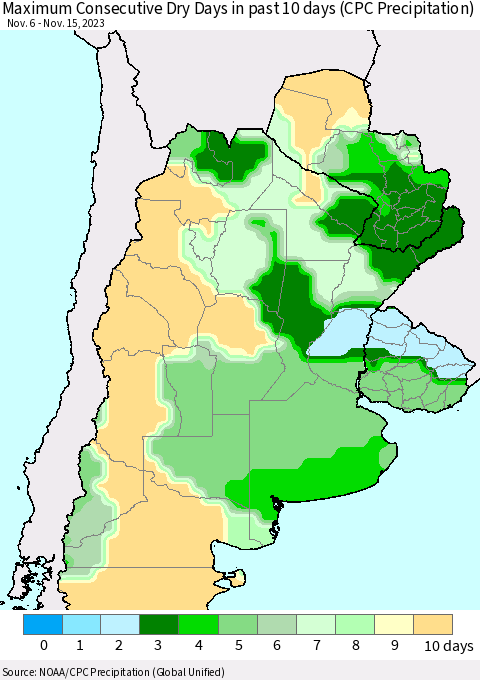 Southern South America Maximum Consecutive Dry Days in past 10 days (CPC Precipitation) Thematic Map For 11/11/2023 - 11/15/2023