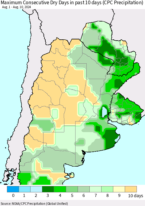 Southern South America Maximum Consecutive Dry Days in past 10 days (CPC Precipitation) Thematic Map For 8/6/2024 - 8/10/2024