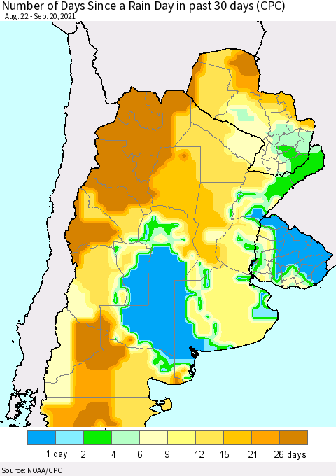 Southern South America Number of Days Since a Rain Day in past 30 days (CPC) Thematic Map For 9/16/2021 - 9/20/2021