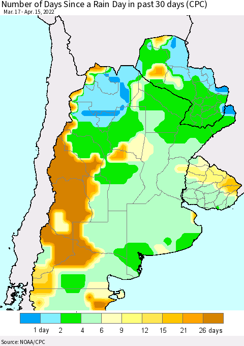 Southern South America Number of Days Since a Rain Day in past 30 days (CPC) Thematic Map For 4/11/2022 - 4/15/2022