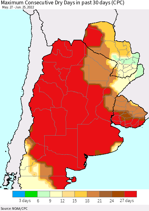 Southern South America Maximum Consecutive Dry Days in past 30 days (CPC) Thematic Map For 6/21/2022 - 6/25/2022