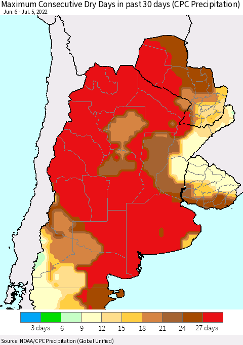 Southern South America Maximum Consecutive Dry Days in past 30 days (CPC Precipitation) Thematic Map For 7/1/2022 - 7/5/2022