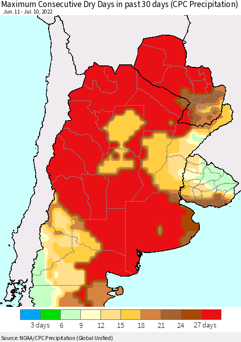 Southern South America Maximum Consecutive Dry Days in past 30 days (CPC Precipitation) Thematic Map For 7/6/2022 - 7/10/2022