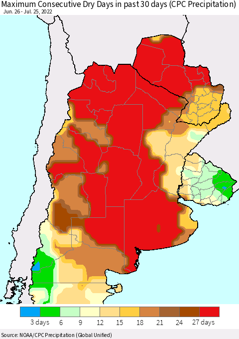 Southern South America Maximum Consecutive Dry Days in past 30 days (CPC Precipitation) Thematic Map For 7/21/2022 - 7/25/2022