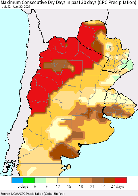 Southern South America Maximum Consecutive Dry Days in past 30 days (CPC Precipitation) Thematic Map For 8/16/2022 - 8/20/2022