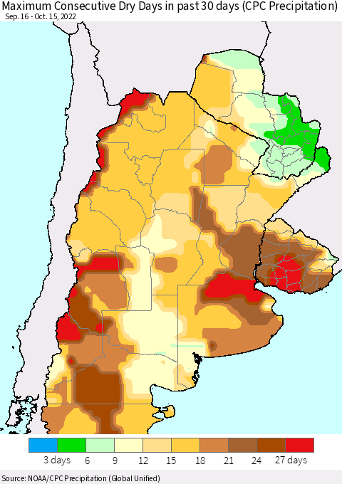 Southern South America Maximum Consecutive Dry Days in past 30 days (CPC Precipitation) Thematic Map For 10/11/2022 - 10/15/2022