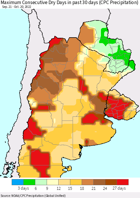 Southern South America Maximum Consecutive Dry Days in past 30 days (CPC Precipitation) Thematic Map For 10/16/2022 - 10/20/2022