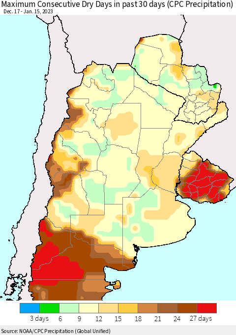 Southern South America Maximum Consecutive Dry Days in past 30 days (CPC Precipitation) Thematic Map For 1/11/2023 - 1/15/2023