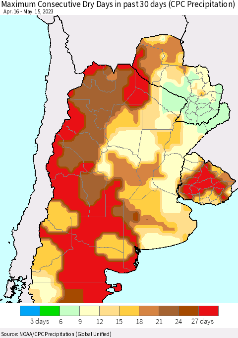Southern South America Maximum Consecutive Dry Days in past 30 days (CPC Precipitation) Thematic Map For 5/11/2023 - 5/15/2023