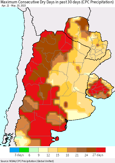 Southern South America Maximum Consecutive Dry Days in past 30 days (CPC Precipitation) Thematic Map For 5/16/2023 - 5/20/2023