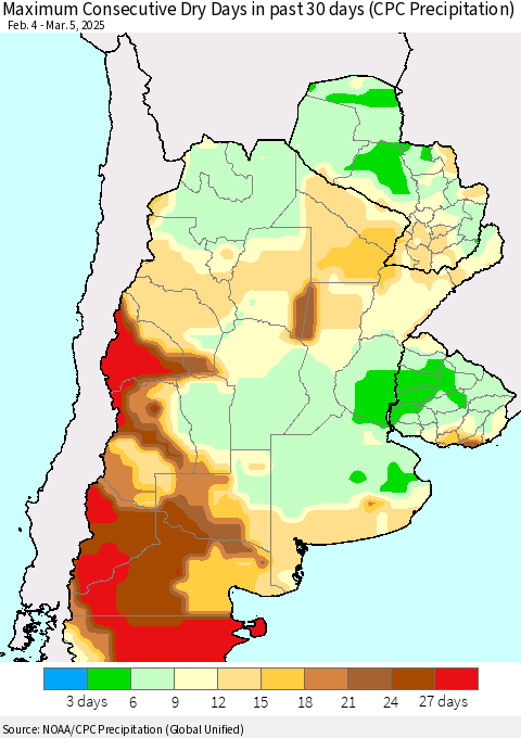 Southern South America Maximum Consecutive Dry Days in past 30 days (CPC Precipitation) Thematic Map For 3/1/2025 - 3/5/2025