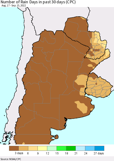 Southern South America Number of Rain Days in past 30 days (CPC) Thematic Map For 9/11/2022 - 9/15/2022