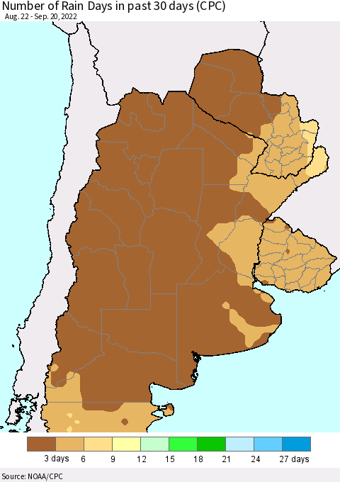 Southern South America Number of Rain Days in past 30 days (CPC) Thematic Map For 9/16/2022 - 9/20/2022