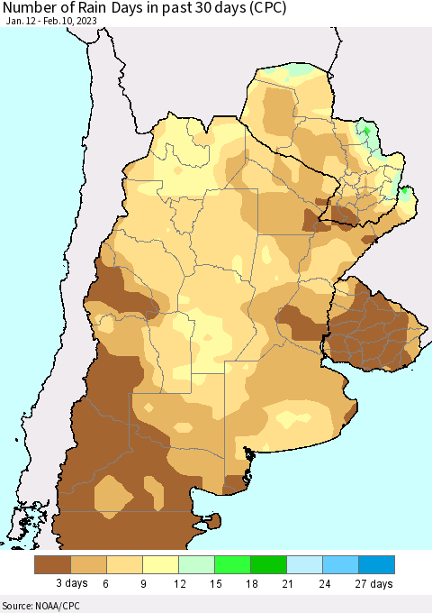 Southern South America Number of Rain Days in past 30 days (CPC) Thematic Map For 2/6/2023 - 2/10/2023