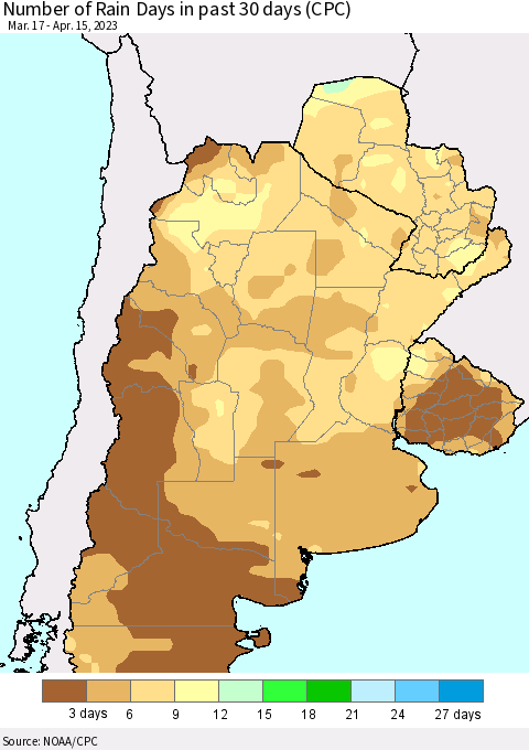 Southern South America Number of Rain Days in past 30 days (CPC) Thematic Map For 4/11/2023 - 4/15/2023