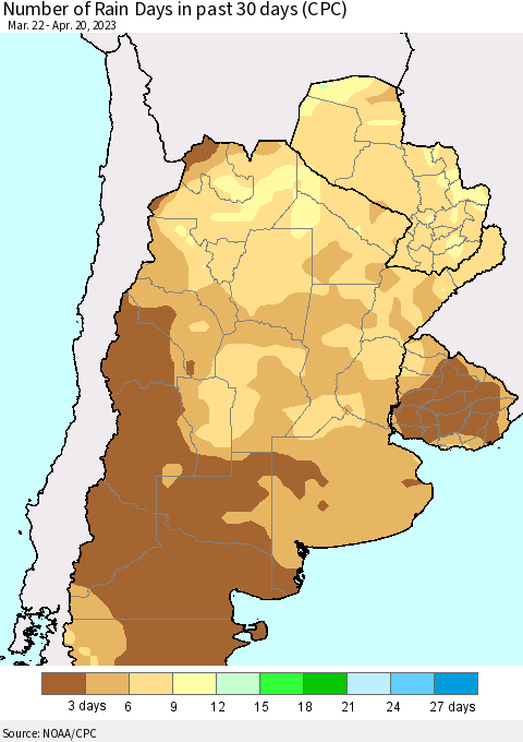 Southern South America Number of Rain Days in past 30 days (CPC) Thematic Map For 4/16/2023 - 4/20/2023