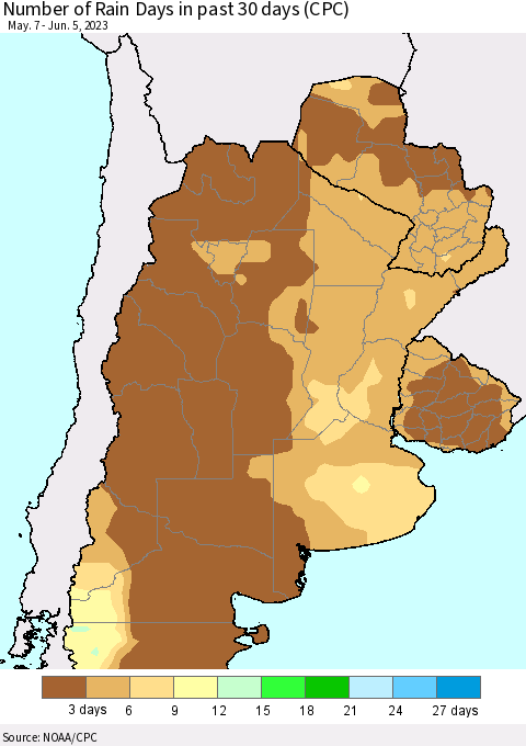 Southern South America Number of Rain Days in past 30 days (CPC) Thematic Map For 6/1/2023 - 6/5/2023