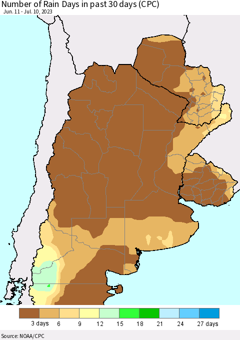 Southern South America Number of Rain Days in past 30 days (CPC) Thematic Map For 7/6/2023 - 7/10/2023