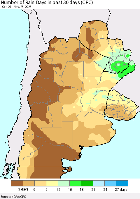 Southern South America Number of Rain Days in past 30 days (CPC) Thematic Map For 11/21/2023 - 11/25/2023