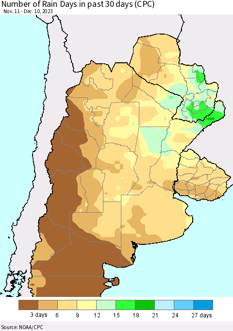 Southern South America Number of Rain Days in past 30 days (CPC) Thematic Map For 12/6/2023 - 12/10/2023