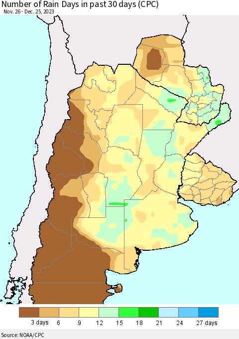Southern South America Number of Rain Days in past 30 days (CPC) Thematic Map For 12/21/2023 - 12/25/2023