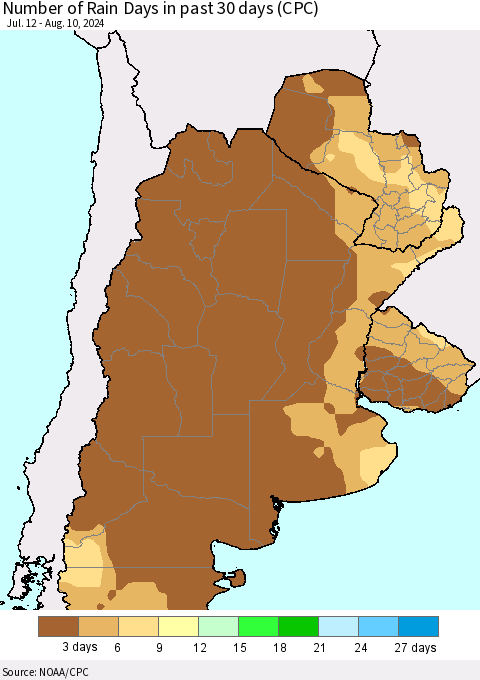 Southern South America Number of Rain Days in past 30 days (CPC) Thematic Map For 8/6/2024 - 8/10/2024