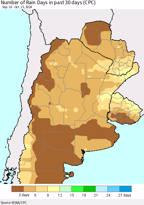 Southern South America Number of Rain Days in past 30 days (CPC) Thematic Map For 10/11/2024 - 10/15/2024