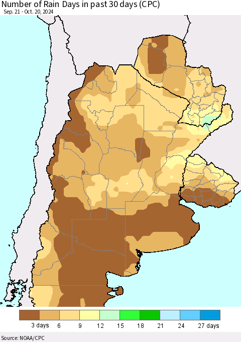 Southern South America Number of Rain Days in past 30 days (CPC) Thematic Map For 10/16/2024 - 10/20/2024
