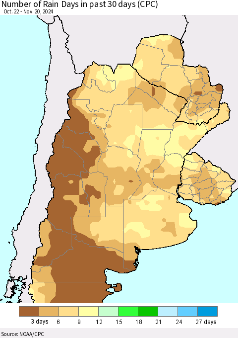 Southern South America Number of Rain Days in past 30 days (CPC) Thematic Map For 11/16/2024 - 11/20/2024