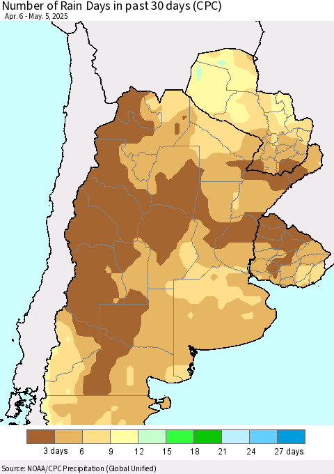Southern South America Number of Rain Days in past 30 days (CPC) Thematic Map For 5/1/2025 - 5/5/2025