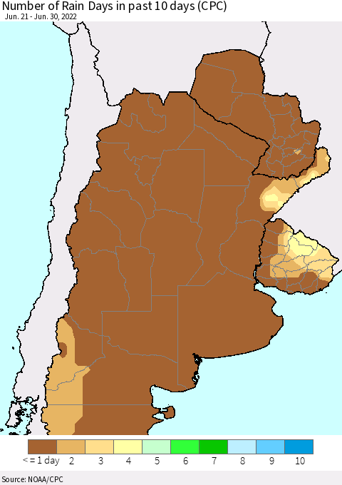 Southern South America Number of Rain Days in past 10 days (CPC) Thematic Map For 6/26/2022 - 6/30/2022