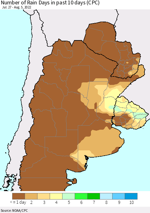 Southern South America Number of Rain Days in past 10 days (CPC) Thematic Map For 8/1/2022 - 8/5/2022