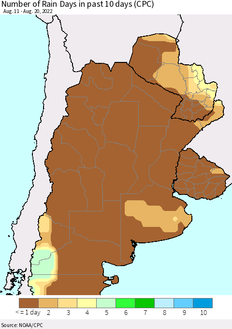 Southern South America Number of Rain Days in past 10 days (CPC) Thematic Map For 8/16/2022 - 8/20/2022