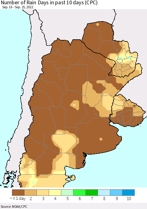 Southern South America Number of Rain Days in past 10 days (CPC) Thematic Map For 9/21/2022 - 9/25/2022